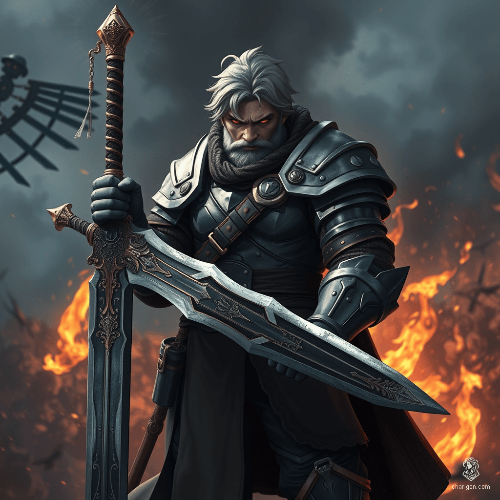 Sig Curtis is a towering warrior, standing at 2 meters with a robust frame. Clad in battle-worn half armor, he wields a stunning great sword adorned with glowing inlays. With a gloomy yet determined expression, he emanates a shadowy aura, ready to face the chaos of battle behind him.