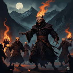 Under a moonless sky, Tabaxi cultists whirl around a blazing effigy, their shadows flickering against towering, jagged peaks. The landscape, steeped in gothic intricacy and muted hues, radiates an eerie, foreboding atmosphere with dramatic contrasts between deep shadows and subtle highlights.