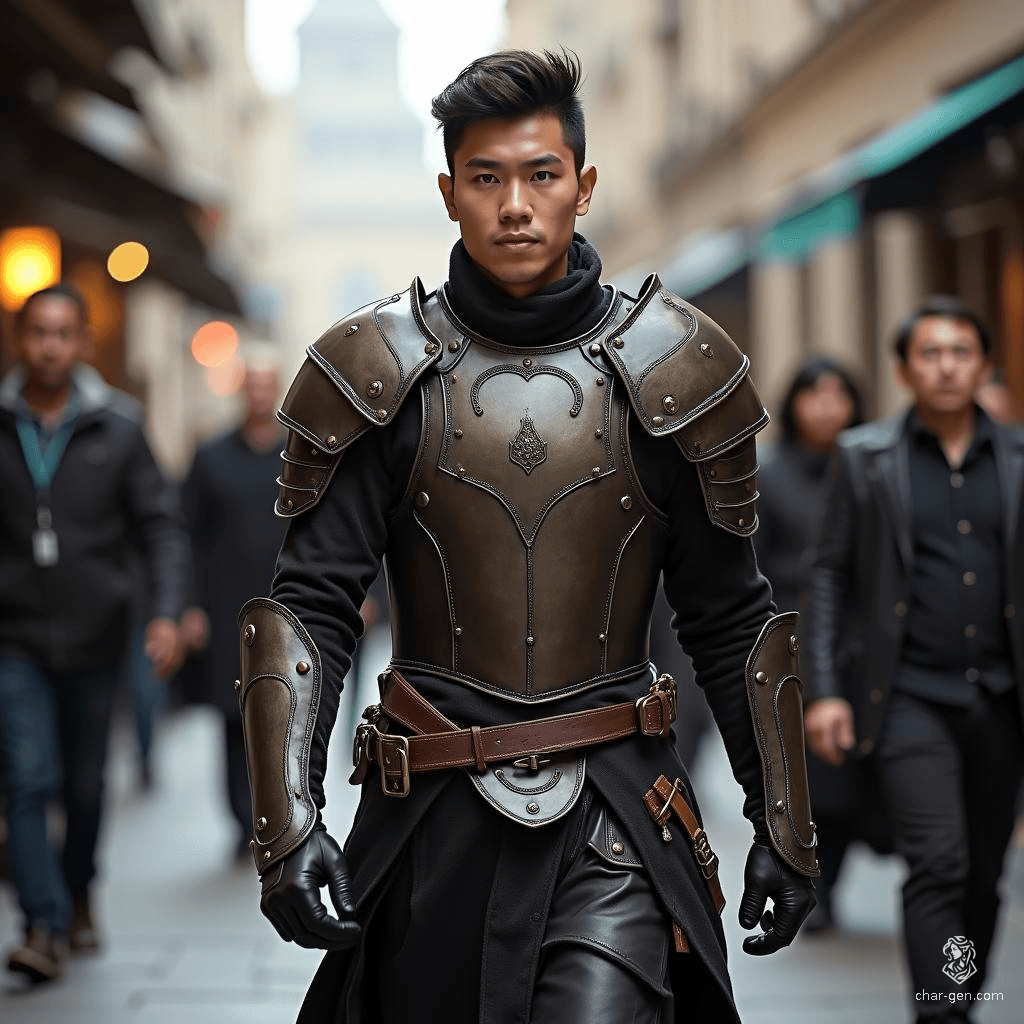 A young Asian warrior clad in rugged leather armor prepares for his journey, determination glinting in his eyes. With a swift motion, he adjusts his gear, ready to face the unknown challenges ahead, embodying courage and resilience as he departs into the wilds.