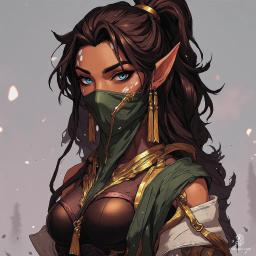 A strikingly attractive middle-aged elf, she possesses captivating blue eyes and a high-structured dark brown ponytail adorned with gold. Delicate white body patterns grace her slender form. Dressed in a simple black Egyptian cloth dress, her tired expression is partially concealed by a flowing green silk veil, accented with long gold earrings and a necklace.