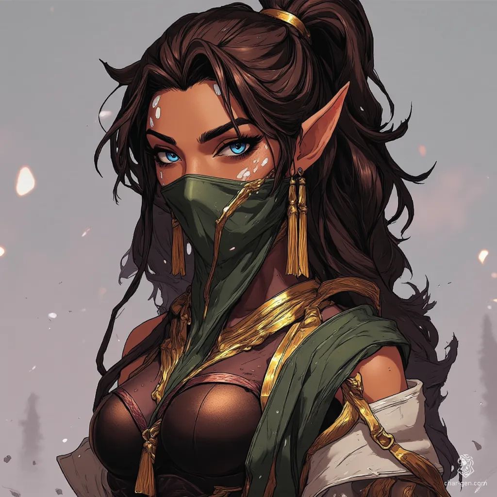 A strikingly attractive middle-aged elf, she possesses captivating blue eyes and a high-structured dark brown ponytail adorned with gold. Delicate white body patterns grace her slender form. Dressed in a simple black Egyptian cloth dress, her tired expression is partially concealed by a flowing green silk veil, accented with long gold earrings and a necklace.