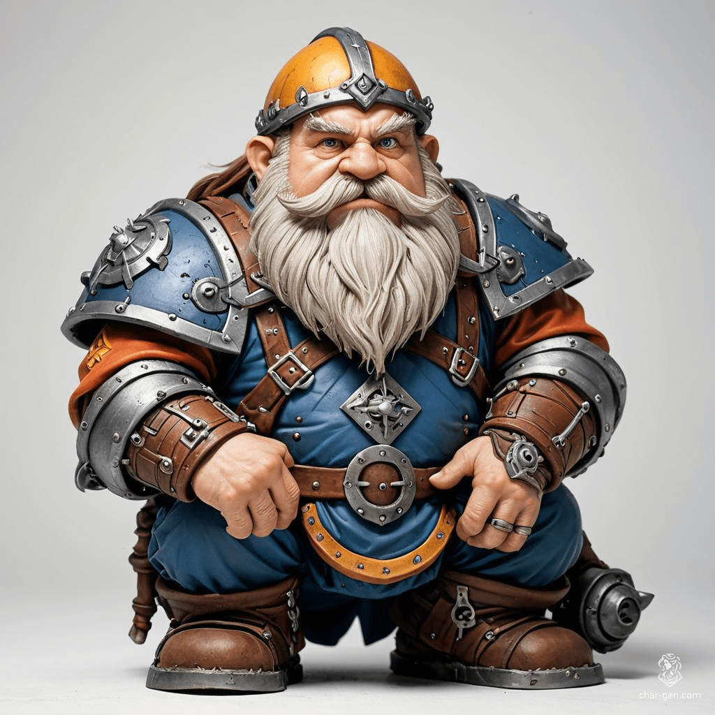 Grimnar Ironforge, a battle-hardened dwarf engineer, expertly wields tools with both precision and creativity. Clad in stained leather, his braided beard bristles with sparks from his latest invention. Master of steam and stone, Grimnar is a stalwart guardian of dwarven ingenuity in the Warhammer Fantasy realm.