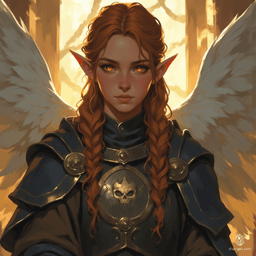 In a serene moment, a luminous ten-year-old half-elf boy meditates in his royal estate, framed by the breathtaking view of a medieval city. His glowing gold eyes and long auburn hair contrast with his black and grey armor, adorned with a skull engraving, while majestic white angel wings symbolize his ethereal nature.