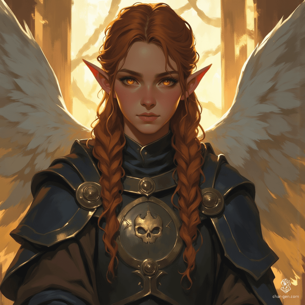 In a serene moment, a luminous ten-year-old half-elf boy meditates in his royal estate, framed by the breathtaking view of a medieval city. His glowing gold eyes and long auburn hair contrast with his black and grey armor, adorned with a skull engraving, while majestic white angel wings symbolize his ethereal nature.