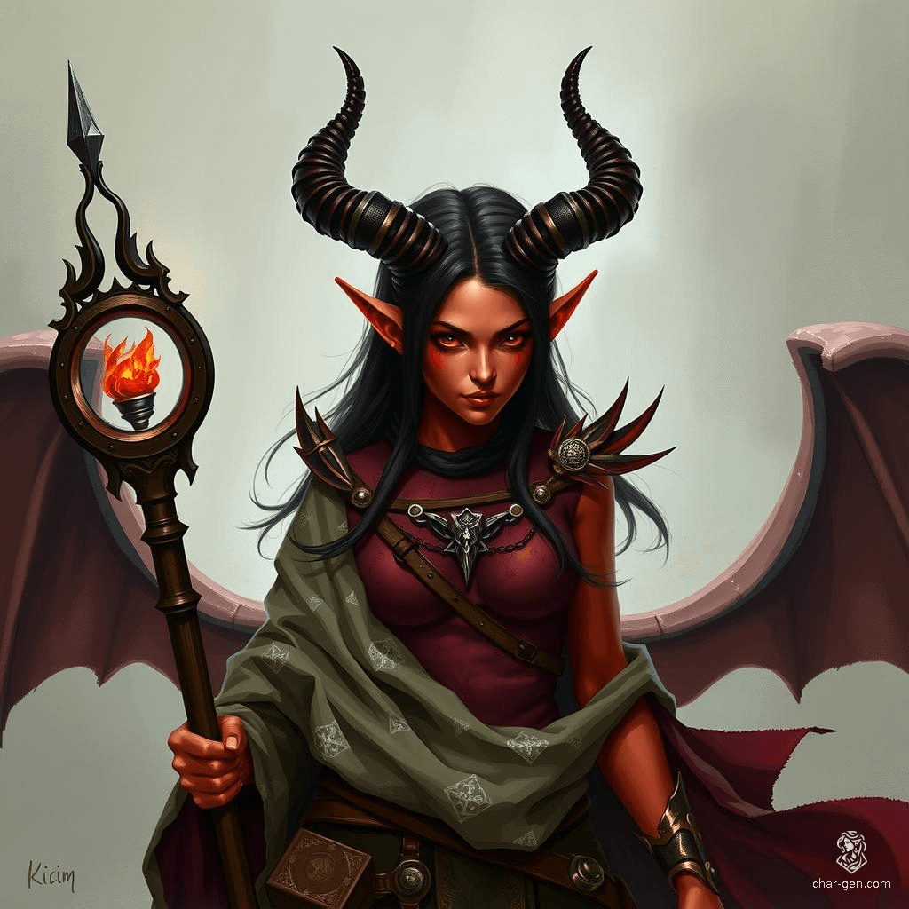 A striking female tiefling sorcerer with short horns and vivid red skin, she wields arcane powers with elegance. Her piercing eyes hint at untold mysteries, and her presence is both enchanting and formidable.