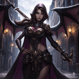 Miatte Derethian is a haunted warrior with a confident demeanor, skilled in sword-fighting and a master battlemaster. Sporting a striking winged cloak and a longsword, she navigates her demons while striving to protect the innocent, driven by the spirits of her past.