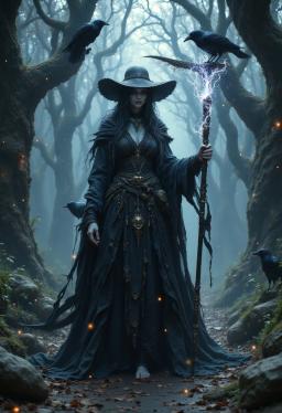 Branwen Umbra, a 230-year-old transformed human, appears as a slender, youthful sorcerer-cleric with shimmering alabaster skin, swirling silver-black pupilless eyes, and writhing onyx hair. Clad in ornate black robes and a wizard’s hat, she wields a scythe and commands ravens, embodying ancient arcane and divine power.