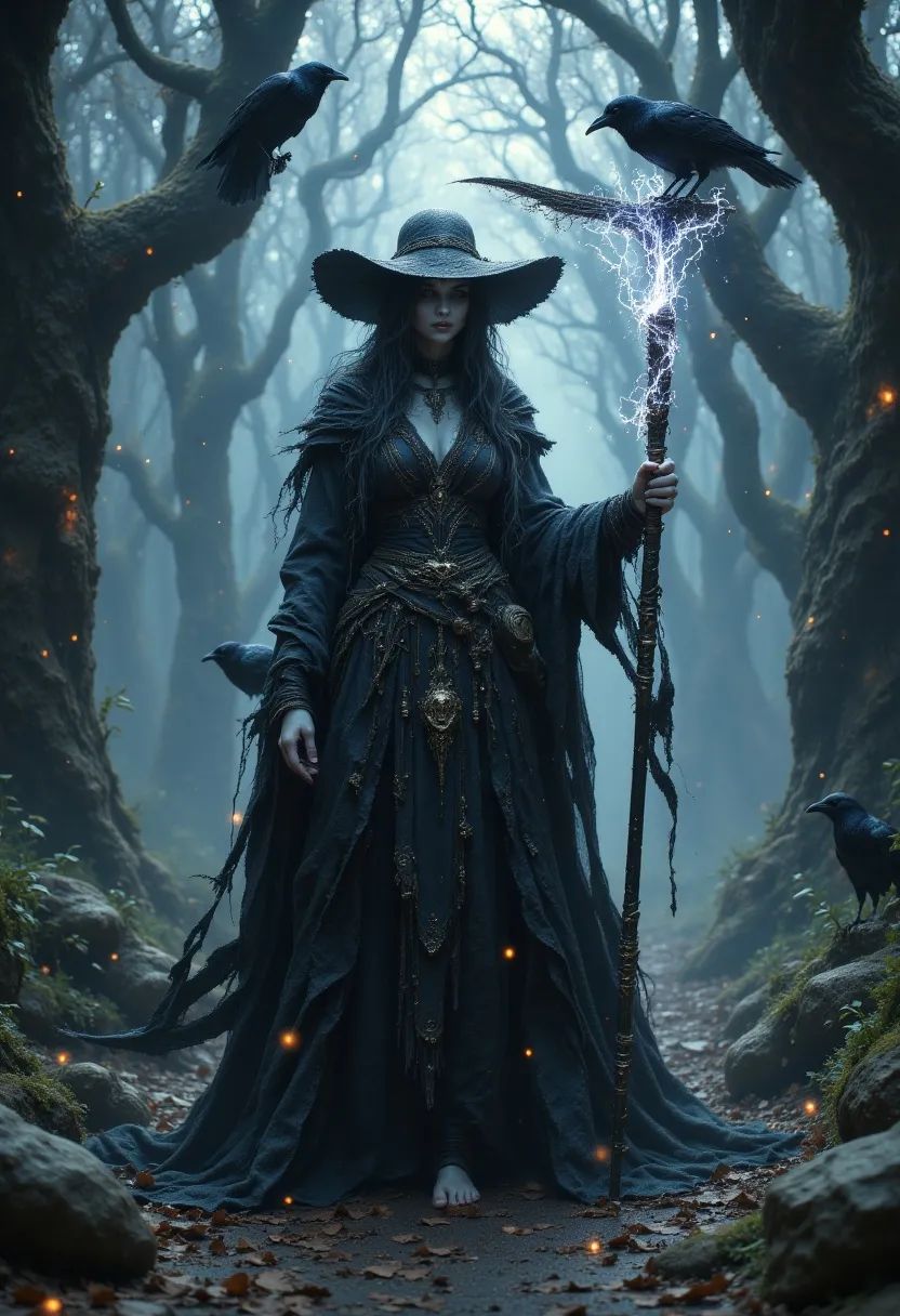 Branwen Umbra, a 230-year-old transformed human, appears as a slender, youthful sorcerer-cleric with shimmering alabaster skin, swirling silver-black pupilless eyes, and writhing onyx hair. Clad in ornate black robes and a wizard’s hat, she wields a scythe and commands ravens, embodying ancient arcane and divine power.