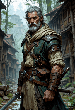 Tancrede, a rugged 55-year-old human fighter, embodies resilience and strength. Once captain of the Citadel guard, his keen eye and mastery of diverse weapons reflect his ranger and rogue skills. Haunted by a tragic past, he fiercely protects nature while seeking vengeance against the dragon that stole his former life.