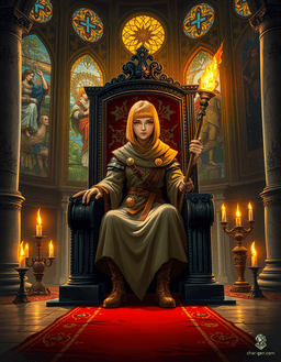 Loralyn, a powerful Aasimar monk and baroness, sits gracefully on her stone throne, radiating an ethereal golden glow. Her pupil-less eyes shine with wisdom, while her short blond hair frames her disciplined visage. Clad in celestial robes, she stands ready to defend her realm from the encroaching fey threat.