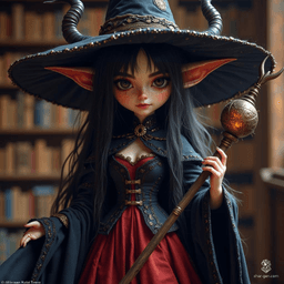 A mischievous tiefling wizard with fully black eyes and a malicious smile, she dons a huge witch hat that conceals her small horns. Clad in a wide skirt and thigh-highs, she wields an arcane staff, her portrait set against a library desk, evoking both charm and mischief.