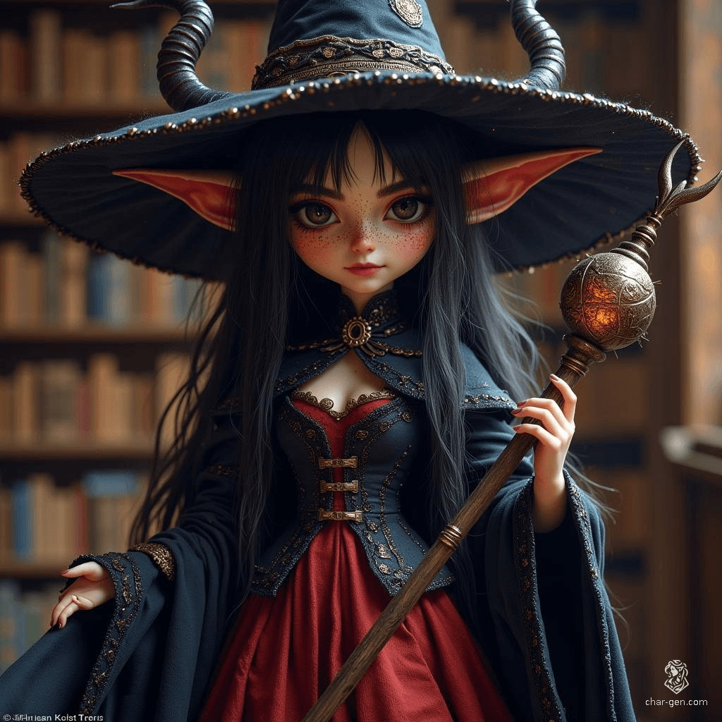 A mischievous tiefling wizard with fully black eyes and a malicious smile, she dons a huge witch hat that conceals her small horns. Clad in a wide skirt and thigh-highs, she wields an arcane staff, her portrait set against a library desk, evoking both charm and mischief.