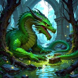 In a shadowy swamp, a massive green dragon lies coiled around a treasure hoard, its emerald scales shimmering amid the murky waters. With piercing yellow eyes and an air of menace, it reigns over the misty lair, where bioluminescent fungi illuminate ancient, vine-entwined ruins, warning intruders of hidden perils.