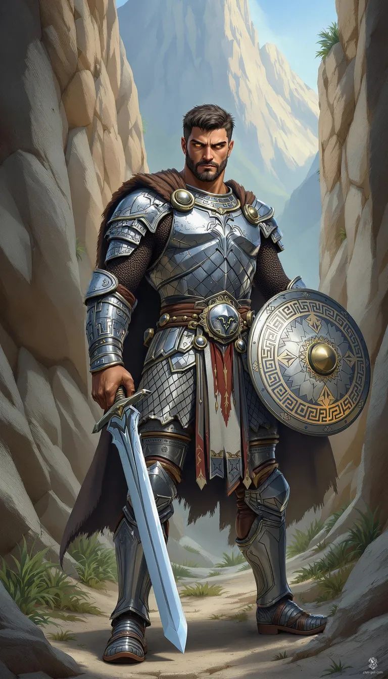 Hektor is a formidable 20-year-old Greek warrior, distinguished by his striking hazel eyes and sculpted olive skin. Clad in finely crafted silver scalemail, he wields an intricately engraved sword and shield. Standing resolute in a rocky mountain pass, his presence exudes strength and unwavering resolve.