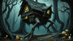 Baba Yaga's infamous hut stands on immense, sinewy chicken legs with razor-sharp claws digging into the dense forest floor. The ancient, moss-covered wooden walls glow with pulsing runes, while eerie green light emanates from the warped windows. Surrounded by towering, twisted trees and luminous mushrooms, the hut strides through a thick, misty forest, exuding a dark, mystical aura.