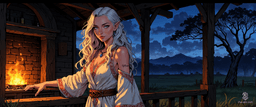 A striking Slavic enchantress with flowing platinum hair and pale blue eyes captivates in a twilight scene. Clad in a delicate white gown adorned with red and gold embroidery, she exudes ethereal grace, her hand resting on a rustic cottage railing, illuminated by warm hearth light against a serene twilight backdrop.