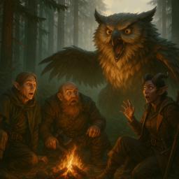 At dawn’s golden light, three weary adventurers—a keen-eyed elf, a stout dwarf, and a wary tiefling—are startled by a menacing owlbear bursting from the misty forest underbrush, its feathers ruffled and jaws agape, igniting tension around their crackling campfire beneath towering pines.