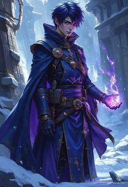 A striking sorcerer stands in an icy field, his thin build draped in an elaborate dark blue robe. With glowing violet eyes and short dark purple hair, he channels swirling magic from his hands, casting an enchanting aura amidst the harsh winds of winter.