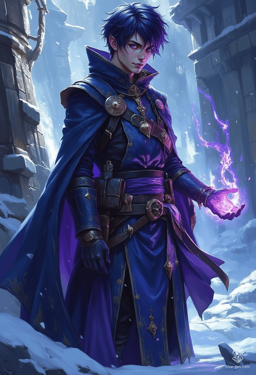 A striking sorcerer stands in an icy field, his thin build draped in an elaborate dark blue robe. With glowing violet eyes and short dark purple hair, he channels swirling magic from his hands, casting an enchanting aura amidst the harsh winds of winter.