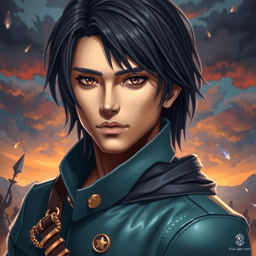 Meet Arion, an exceptionally handsome young dualist exuding a subtle emo vibe. With precise center-parted black hair and almond-shaped brown eyes brimming with depth and brooding intensity, his fair, clean-shaven face radiates both confidence and introspection. Clad in a stylish blue leather jacket, he stands amidst a twilight battlefield, embodying the intricate balance of light and shadow.