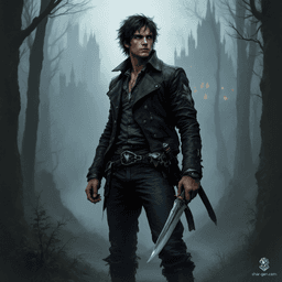 Ryland, a rugged male human bard and urban bounty hunter, embodies resilience and artistry. Raised in poverty, his weathered face and lean physique reflect a life of hardship. Clad in a fitted leather jacket and adorned with a cherished knife and guitar, he traverses Eberron's gritty underbelly, blending melody with deadly precision.