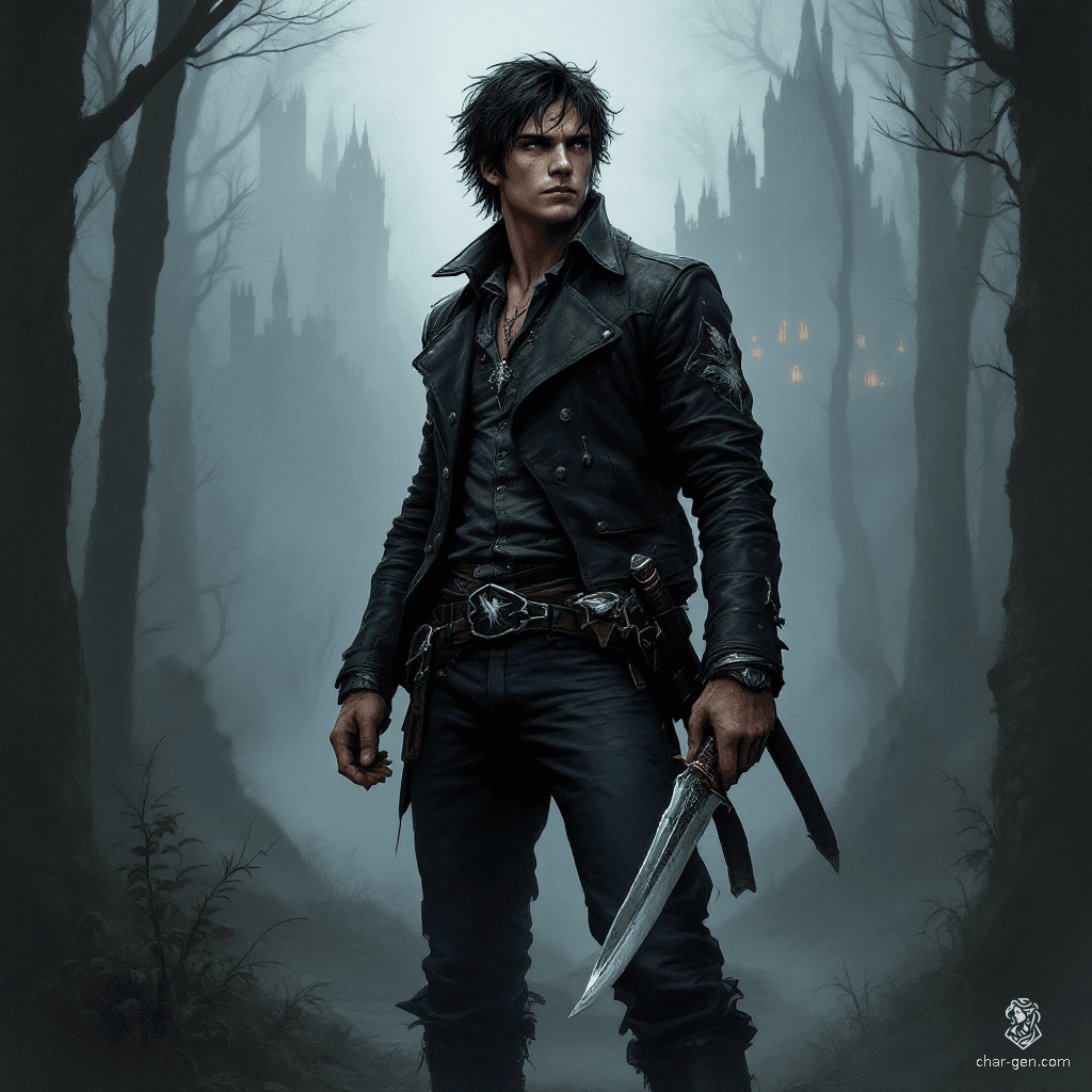 Ryland, a rugged male human bard and urban bounty hunter, embodies resilience and artistry. Raised in poverty, his weathered face and lean physique reflect a life of hardship. Clad in a fitted leather jacket and adorned with a cherished knife and guitar, he traverses Eberron's gritty underbelly, blending melody with deadly precision.
