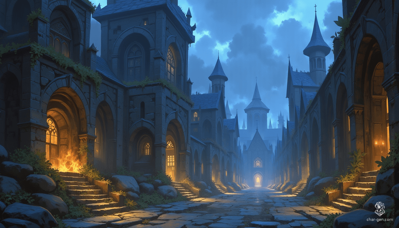 In Westcrown, overcast skies cast a moody pallor over regal, gothic architecture, where cracked walls and weathered statues tell tales of forgotten grandeur. Shadows stretch through narrow alleys, creating an atmosphere rich with intrigue and echoes of a mystical past, inviting exploration into its enigmatic depths.