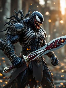 In a stunning photorealistic portrayal, Venom as a DnD Barbarian exudes raw power. Wielding a symbiote-infused sword and axe, he stands fierce with intricate details and dynamic effects illuminating his muscular form. The high-definition artwork captures the essence of chaos and strength, embodying the barbarian spirit.