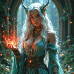 Elara, the Feybound Warlock, embodies elegance and power with her long, white hair adorned with flowers and red eyes that pierce the veil of reality. Cloaked in intricate fabrics and silver armor, she wields glowing red magic, forging bonds with mystical creatures in enchanted realms while standing ready for battle against shadowy foes.