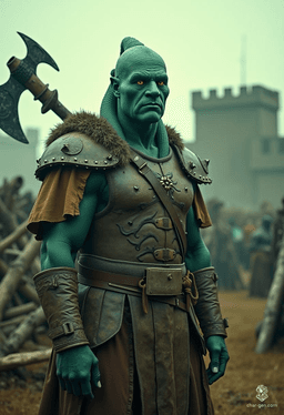 Suomi, a 50-year-old yuan-ti barbarian druid, stands 6 feet tall with striking green/teal skin and fierce yellow eyes. With a powerful greataxe and animal companions, he fights for the oppressed and seeks acknowledgment amidst discrimination, fueled by a desire for acceptance and vengeance.