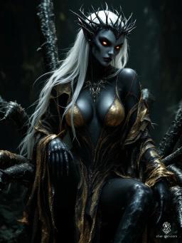 Lolith, the Spider Queen, embodies both allure and danger. With her elegant dark elf upper body, draped in shimmering golden silk, and the imposing eight legs of a spider, she captivates all. Her platinum hair flows like silk, crowned by black thorns, revealing a striking blend of beauty and monstrosity.