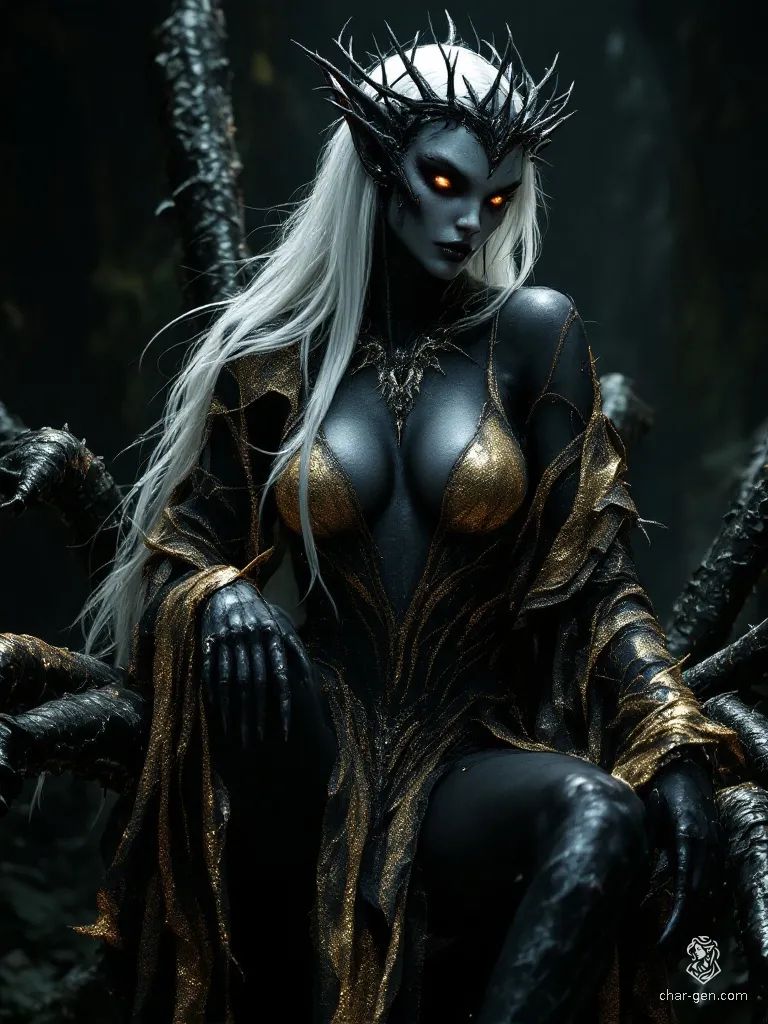 Lolith, the Spider Queen, embodies both allure and danger. With her elegant dark elf upper body, draped in shimmering golden silk, and the imposing eight legs of a spider, she captivates all. Her platinum hair flows like silk, crowned by black thorns, revealing a striking blend of beauty and monstrosity.