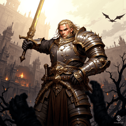 Puriel is a formidable aasimar fighter, exuding confidence with his striking presence. Clad in intricately detailed chain mail and wielding a formidable greataxe, he stands proud, his angelic lineage evident in his subtle glow and unusual eye color. At just 14, he embodies strength and determination, ready for battle.