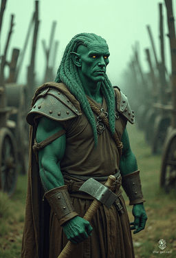 Suomi, a 50-year-old yuan-ti barbarian druid, stands 6 feet tall with striking green/teal skin and fierce yellow eyes. With a powerful greataxe and animal companions, he fights for the oppressed and seeks acknowledgment amidst discrimination, fueled by a desire for acceptance and vengeance.