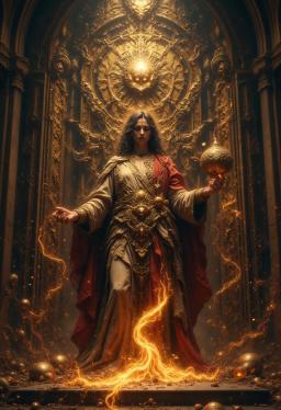 A radiant celestial guardian, cloaked in ethereal robes adorned with intricate patterns of light, stands within an ancient church. Surrounded by atmospheric stained glass, their piercing eyes glow with wisdom, embodying a serene blend of divinity and strength. A protector of faith, they watch over the realm with unwavering devotion.