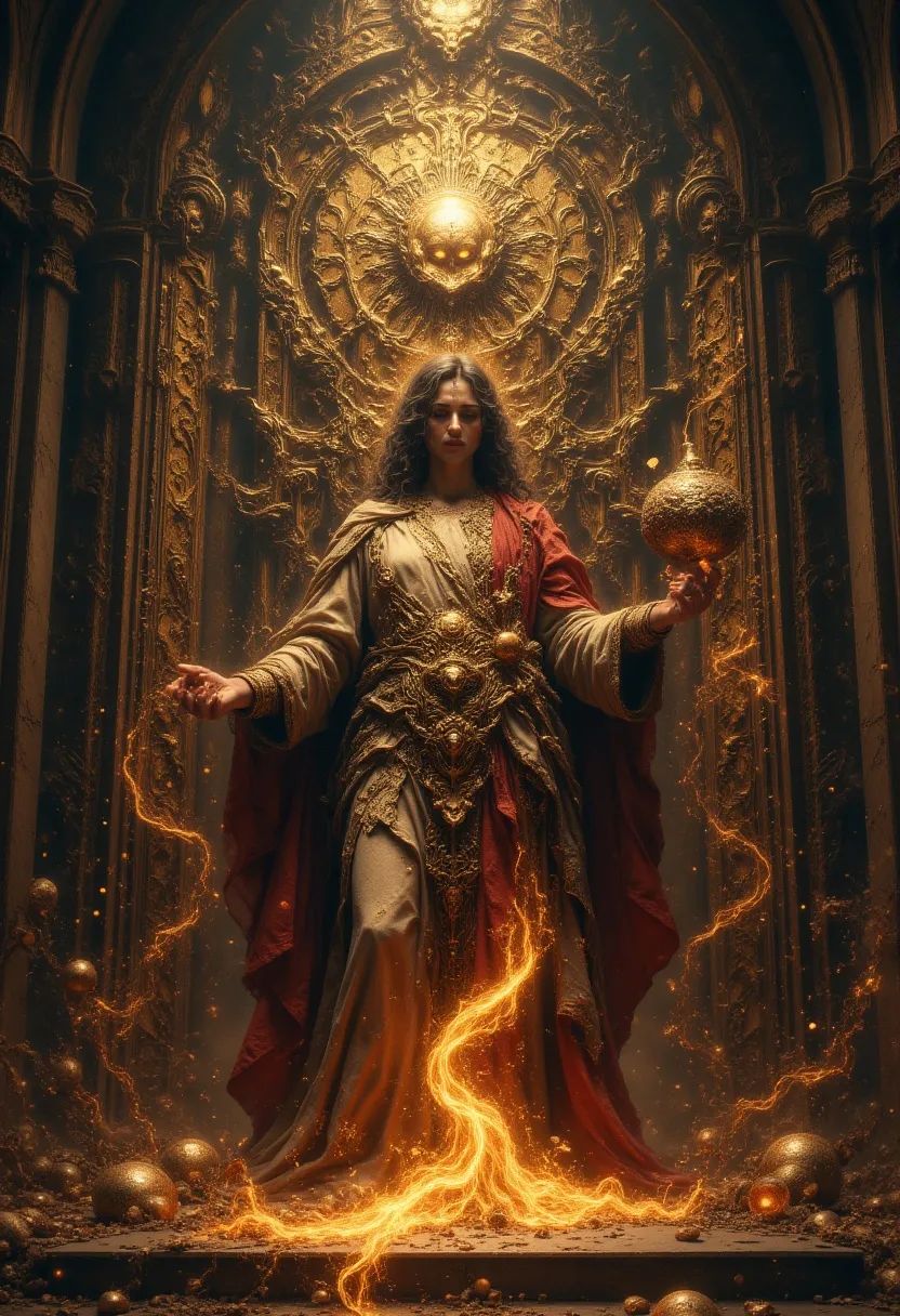 A radiant celestial guardian, cloaked in ethereal robes adorned with intricate patterns of light, stands within an ancient church. Surrounded by atmospheric stained glass, their piercing eyes glow with wisdom, embodying a serene blend of divinity and strength. A protector of faith, they watch over the realm with unwavering devotion.