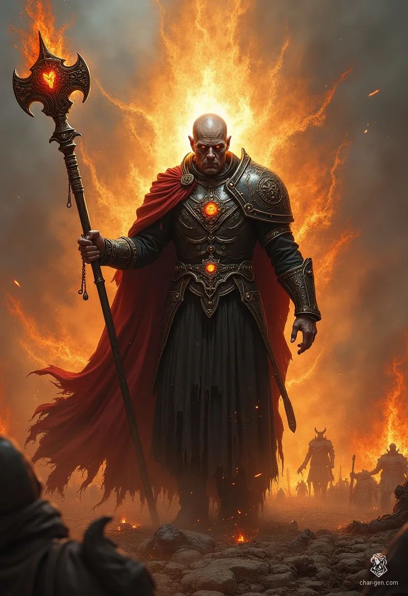 A powerful male psyker stands at the eye of a warp storm, his glowing eyes and scarred visage hinting at countless battles fought. Clad in rune-inscribed armor, he wields a force staff, channeling raw psychic energy amidst a war-torn hellscape, embodying both hope and destruction for the Imperium.