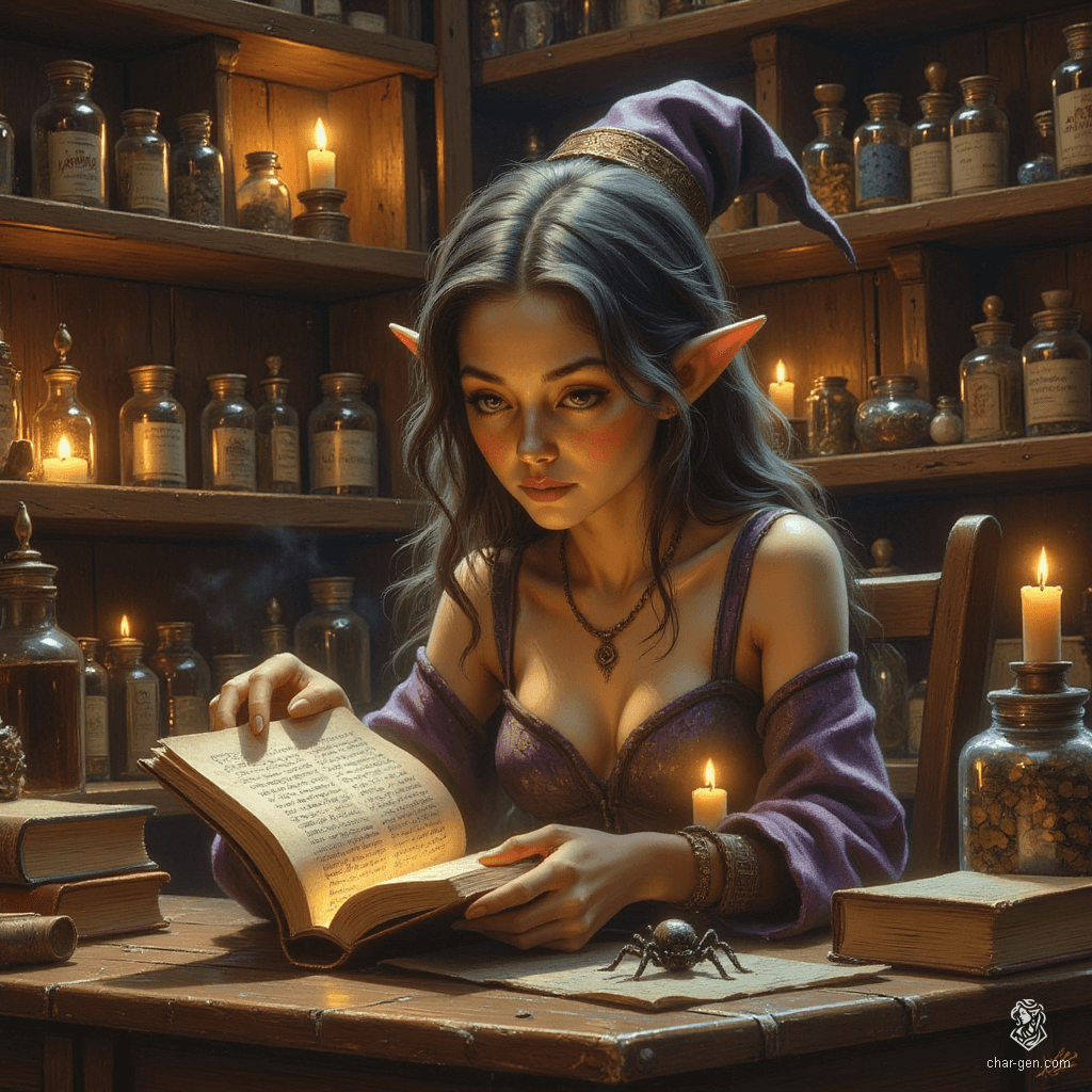 Maryam, the Apothecary Witch, is a wise, cute elf with tanned skin and graceful wrinkles that hint at her age. With topaz eyes and flowing hair streaked with grey, she immerses herself in her alchemical lab, while her ethereal spider familiar gives her company, embodying curiosity and care amidst a cozy, mystical atmosphere.