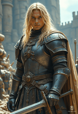 Logan, a noble paladin of House Falendar, stands tall at 6'2" with fair skin and long blond hair. Driven by a desire to avenge his family, he wields a dagger and a family heirloom longsword with unwavering honor. With sharp blue eyes, he fights fiercely for the defenseless.