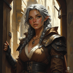 In a moody medieval alleyway, a strong, confident female warrior stands poised. With silver-gray hair and piercing eyes, she dons intricately detailed dark brown leather armor. The painterly portrait captures her fierce spirit, illuminated by soft, warm lighting that accentuates her determined expression and striking presence.
