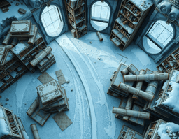 This vast, frozen library stretches across an expansive hall, its towering shelves fractured and laden with ancient, ice-covered scrolls. Glacial icicles hang perilously from the ceiling, while frost-rimed statues hint at secrets untold. Beware hidden traps beneath the snow, and the spectral guardians roaming amidst the frosty aisles.