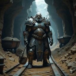 Gaugath Lightbourne is a wise half-giant cleric with grey skin and a serene demeanor. Standing tall and muscular, he wields a prominent warhammer and dons intricately detailed half-plate armor. With a bald head and a large nose, his iconic holy symbol glows with divine energy, reflecting his healing prowess.