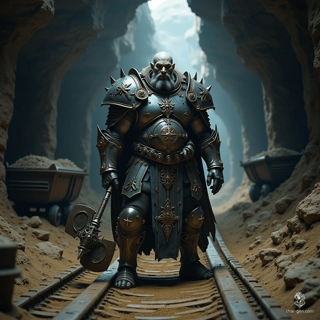 Gaugath Lightbourne is a wise half-giant cleric with grey skin and a serene demeanor. Standing tall and muscular, he wields a prominent warhammer and dons intricately detailed half-plate armor. With a bald head and a large nose, his iconic holy symbol glows with divine energy, reflecting his healing prowess.