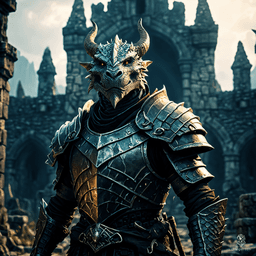 Zyraxis, the Dragonborn Sentinel, boasts lustrous emerald scales and a formidable dragon-like snout. With frilled ears and small, elegant horns, he embodies grace and power. His majestic crest hints at ancient lineage, marking him as a guardian between realms, fierce yet noble in spirit.