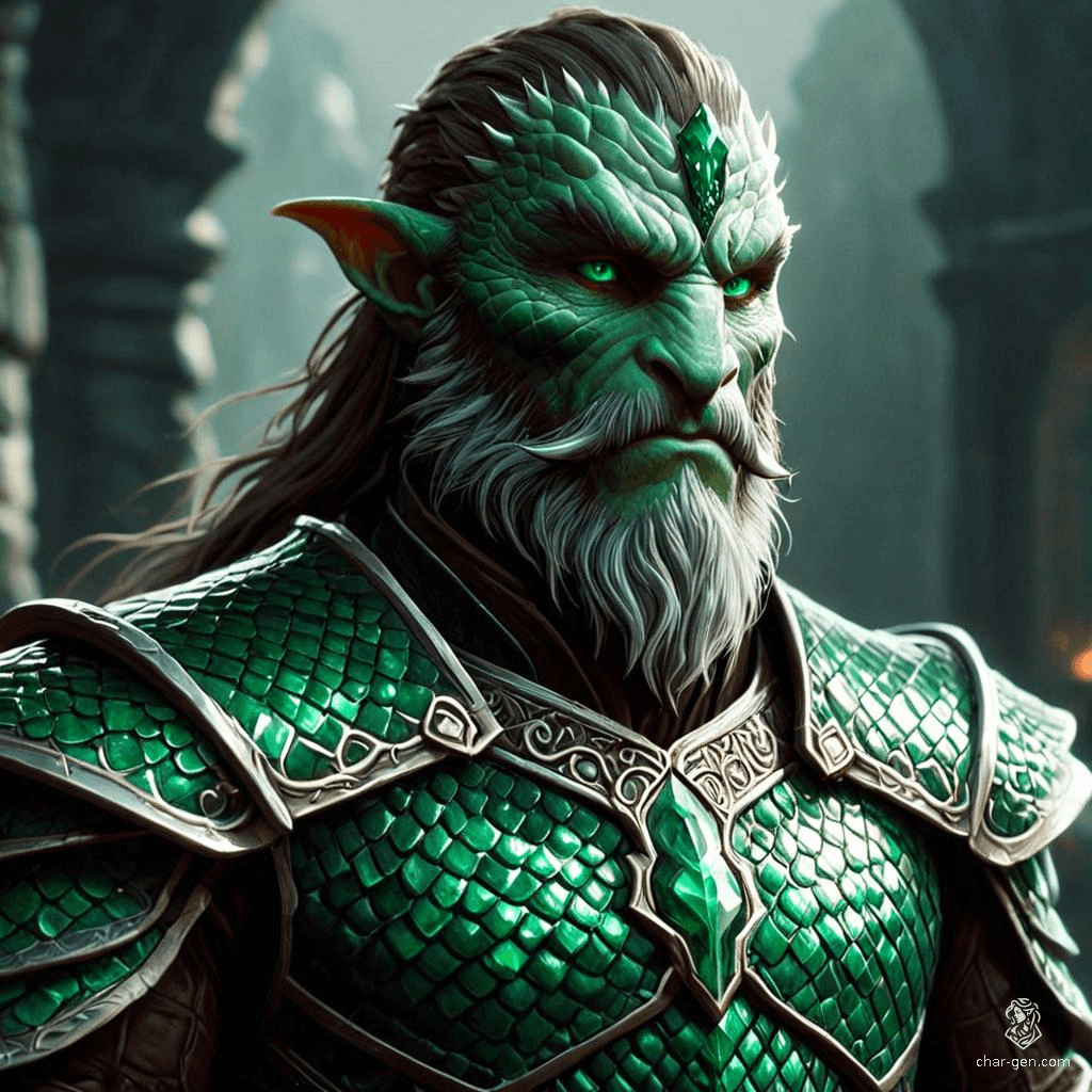 Thaldrak, an imposing male dragonborn with mesmerizing emerald scales, leads both a group of merchants and the ruling council. His thoughtful strokes of a long, serpentine beard highlight his contemplative nature and the gravity with which he approaches his decisions.