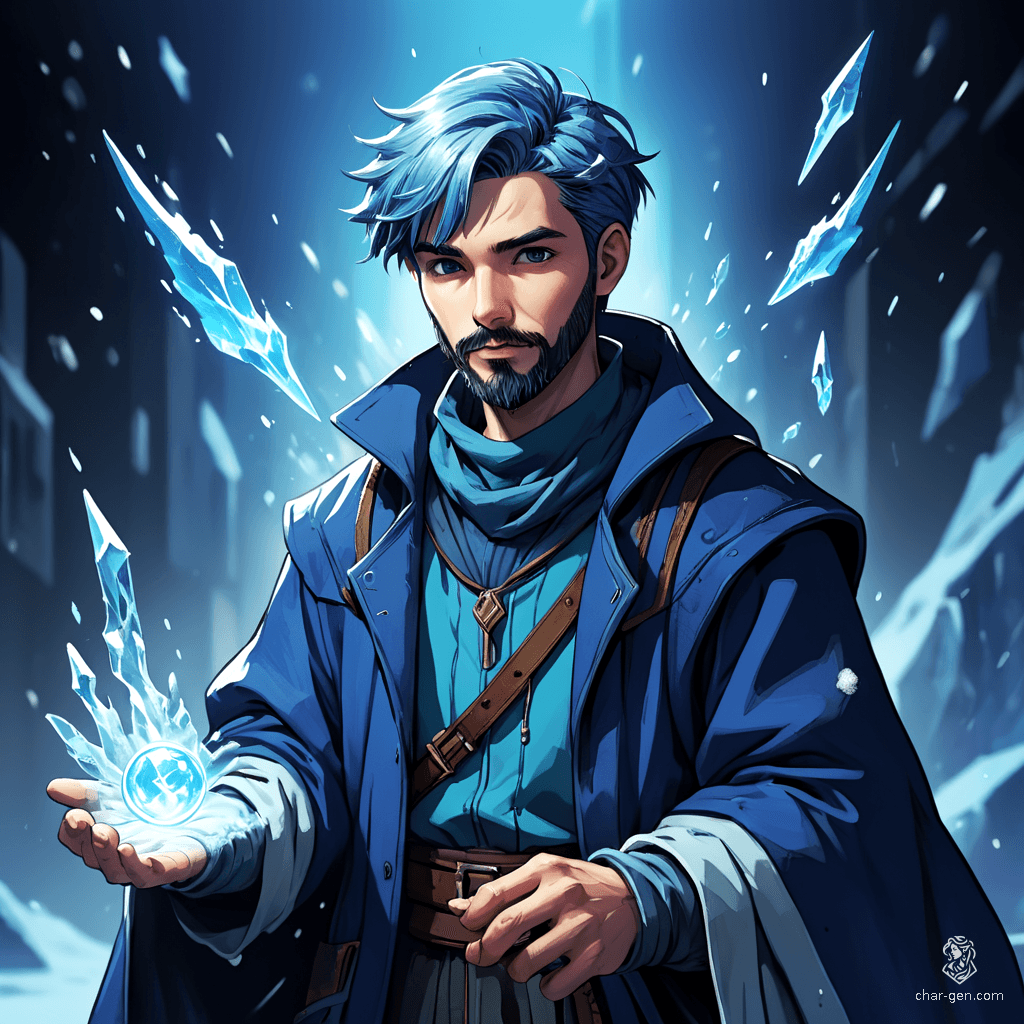 A human sorcerer clad in intricate winter attire, he wields formidable ice magic. With striking blue hair and a neatly trimmed beard, his vibrant, retro-futuristic anime appearance is both enchanting and powerful, embodying the essence of a master of frost.