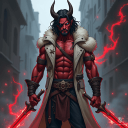 A battle-hardened Tiefling blood hunter in his 30s, this rugged warrior boasts deep red skin, glowing blue eyes, and an eyepatch. Adorned in a vampiric outfit inspired by barn owls, he wields twin swords crackling with red energy, embodying danger and expertise in a dark gothic city.