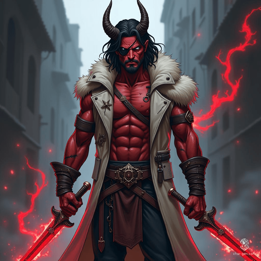 A battle-hardened Tiefling blood hunter in his 30s, this rugged warrior boasts deep red skin, glowing blue eyes, and an eyepatch. Adorned in a vampiric outfit inspired by barn owls, he wields twin swords crackling with red energy, embodying danger and expertise in a dark gothic city.