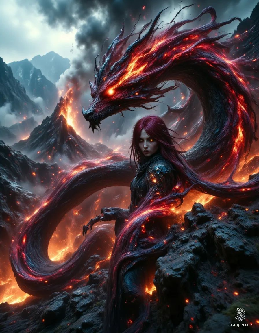 In a volcanic realm, a fierce ranger stands beside the menacing head of a red dragon. With crimson hair and striking yellow eyes, her masterfully crafted obsidian armor gleams. Her striking red skin and bold features capture the fiery essence of her world, embodying the spirit of a relentless warrior.