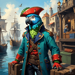 Captain Squawks is a flamboyant parrot seafarer donning a vibrant coat and tricorn hat, shimmering with colors of the sea. With jewelry adorning his wings, he stands proudly on crates, greeting the bustling harbor's patrons amidst ships and market stalls, embodying the spirit of adventure.